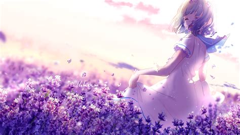 anime girl lavender purple flowers  wallpapers hd wallpapers id