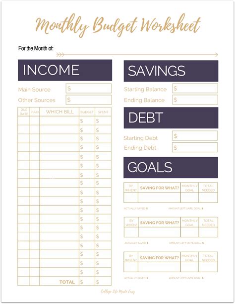 cute  printable budget worksheet templates  organizing