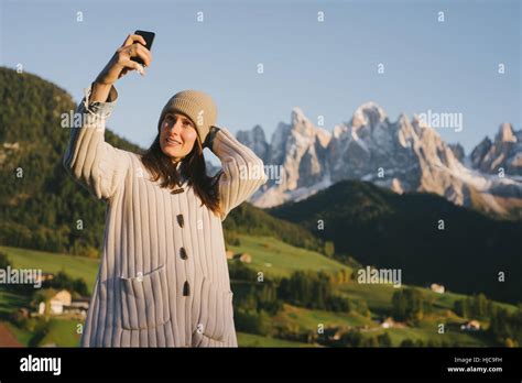 Woman Taking Selfie Santa Maddalena Dolomite Alps Val Di Funes