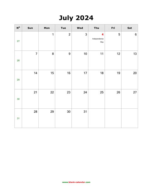 july  blank calendar   holidays vertical