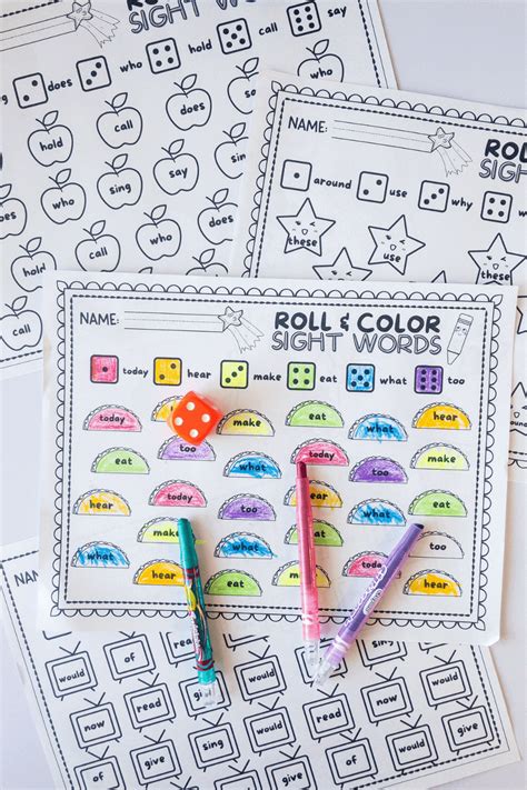 roll color sight word worksheets   sight words fun  spy