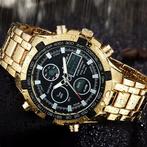 full steel gold  relogio masculino mens military sport wristwatch led digital  light