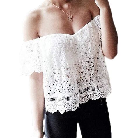 finejo lady women white lace off shoulder loose blouse crop tops at