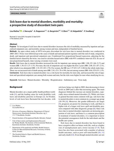 Pdf Sick Leave Due To Mental Disorders Morbidity And Mortality A