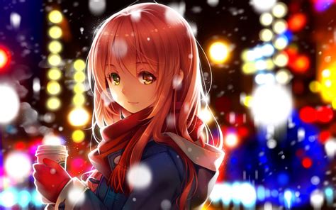 wallpaper lights anime girls snow winter manga coffee original characters screenshot
