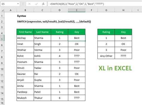 switch function  excel spreadsheet xl  excel