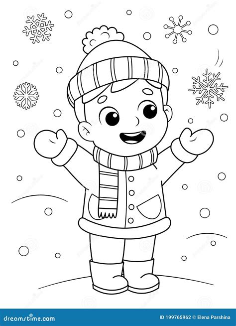 coloring page   cute cartoon kid  winter clothes enjoying  snow