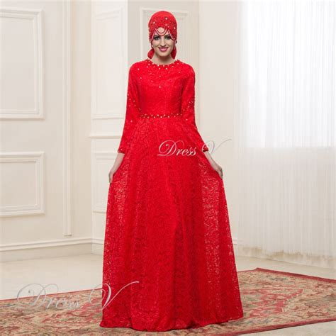 Elegant Long Sleeves Muslim Lace Wedding Dresses Hijab Red Color O Neck