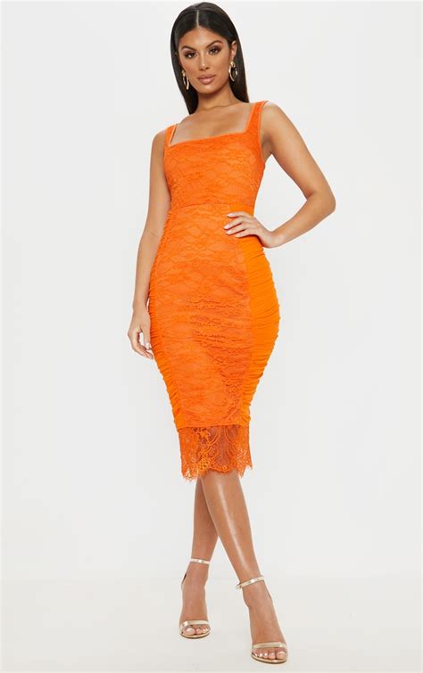 bright orange lace ruched midi dress prettylittlething