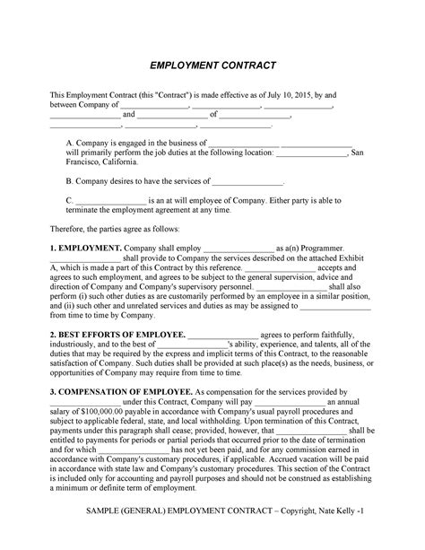 printable employment contract template