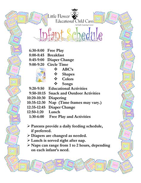 infant daily schedule  daycare daily agenda calendar infant