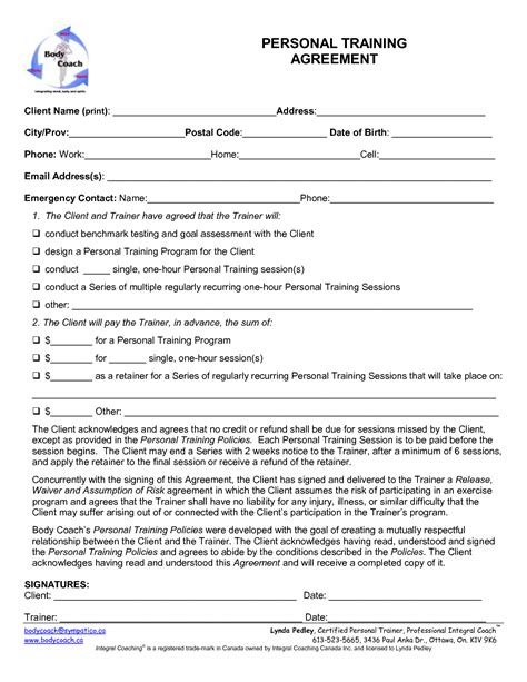 personal training forms images personal training agreement