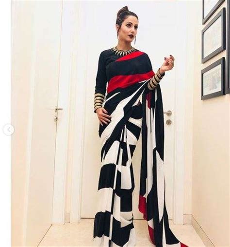 Hina Khan Looks Classy And Sassy In Multi Coloured Thick Striped Saree