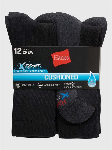 Hanes Mens X Temp Cushioned Arch And Vent Crew Socks Pack Of 12 Pairs