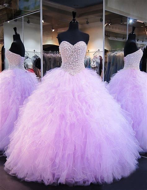 Ball Gown Strapless Lilac Tulle Ruffle Pearl Beaded