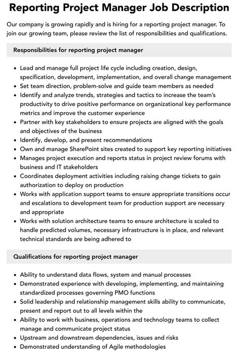 Reporting Project Manager Job Description Velvet Jobs