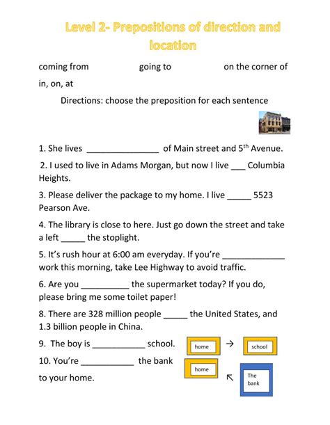 prepositions  directions worksheet