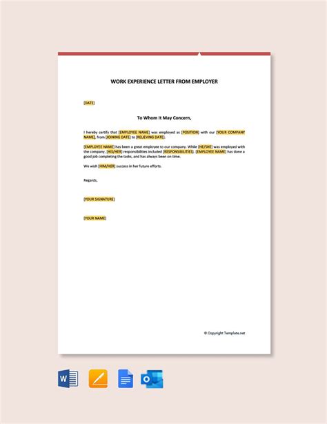work experience letter  employer  google docs pages word