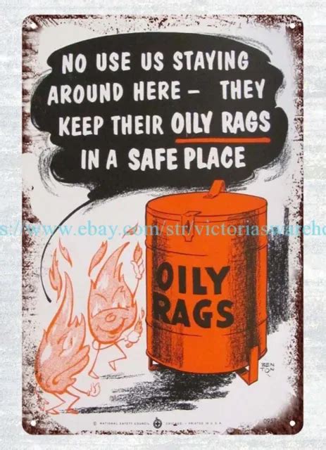 garage banners signs  oily rags safety safety poster metal tin