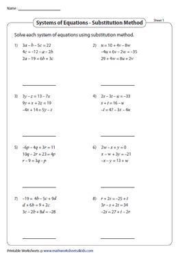 solving systems  equations worksheets   variables