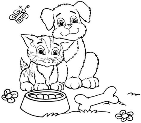 happy dog  cat ready  eat coloring page  animal friendship