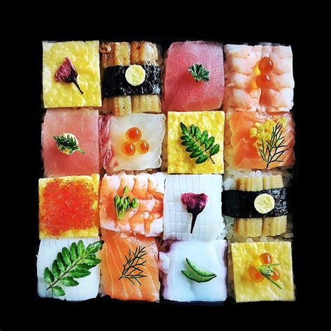 beautiful edible compositions of mosaic sushi spoon