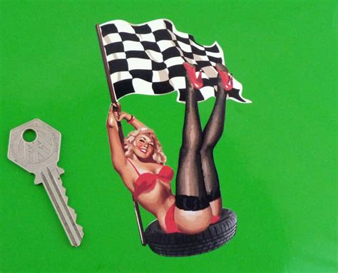 pin up girl chequered flag and tyre sticker 5 race racing