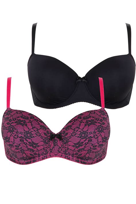 2 Pack Black And Hot Pink Lace Effect Underwired Bras With