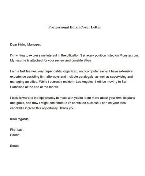 cover letter email template sample  cover letter library
