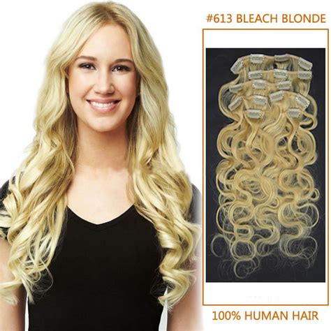 20 inch 613 bleach blonde wavy clip in remy human hair extensions 7pcs