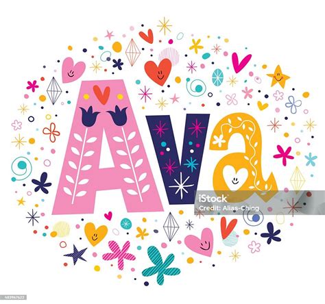 Ava Female Name Decorative Lettering Type Design Stok Vektör Sanatı