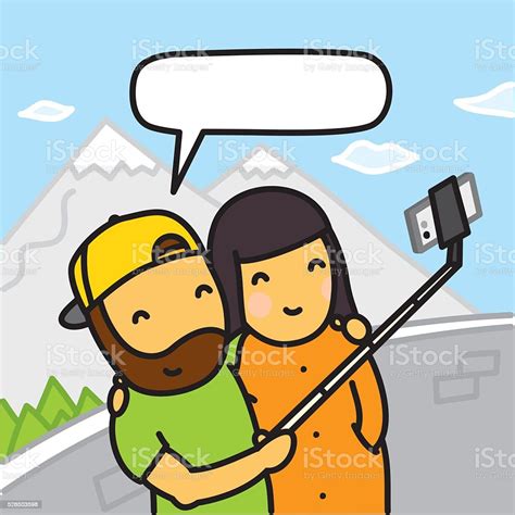 Cartoon Couple Making Photo Using Smartphone And Selfie Stick Vector
