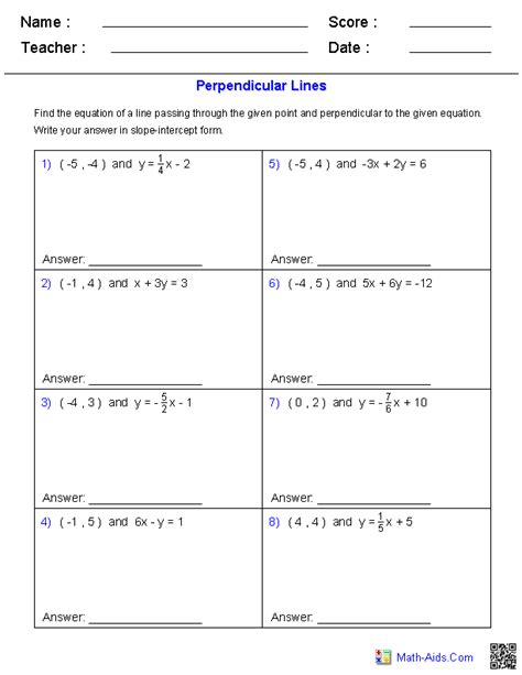 equations  perpendicular lines worksheet