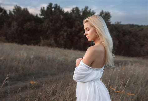 Wallpaper Model Blonde White Dress Bare Shoulders
