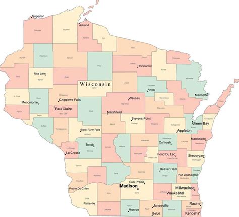 multi color wisconsin map  counties capitals  major cities