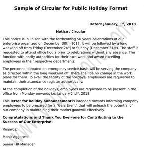 public holiday announcement mailnoticememo format  staff hr