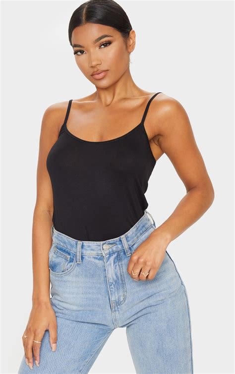 black basic strappy vest top tops prettylittlething