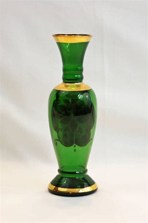 Vintage Lefton Emerald Green Bud Vase Gold Gilding Enamel Flowers Hand