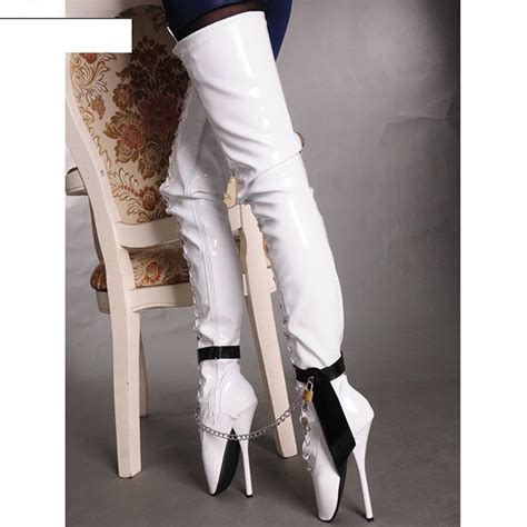 White Locking Thigh High Ballet Boots Locking Dotty