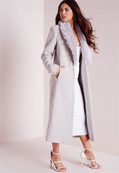 Lyst Missguided Longline Faux Wool Coat With Faux Fur Collar Grey In Gray