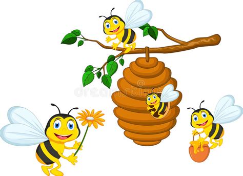 Bees Cartoon Holding Flower And A Beehive Stock Illustration