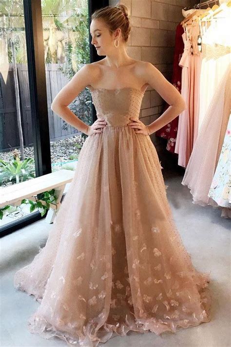 strapless light brown tulle appliques long elegant prom dress okl elegant prom dresses long