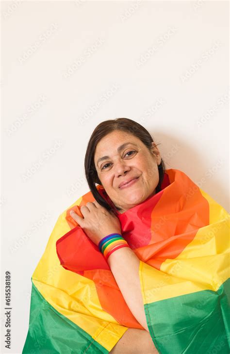 Mature Middle Eastern Brunette Lesbian Woman With Rainbow Flag And