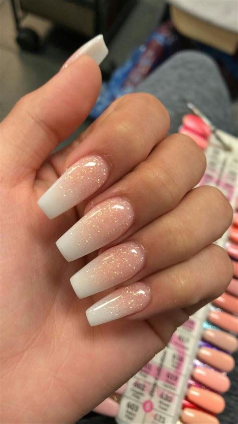 Coffin Pink And White Ombre Nails With Glitter Nailstip