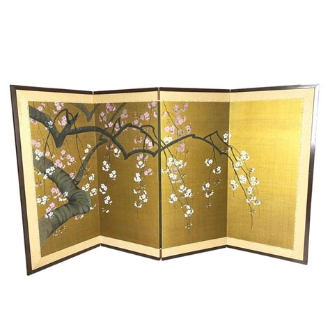 vintage hand painted  panel framed japanese cherry blossom byobu