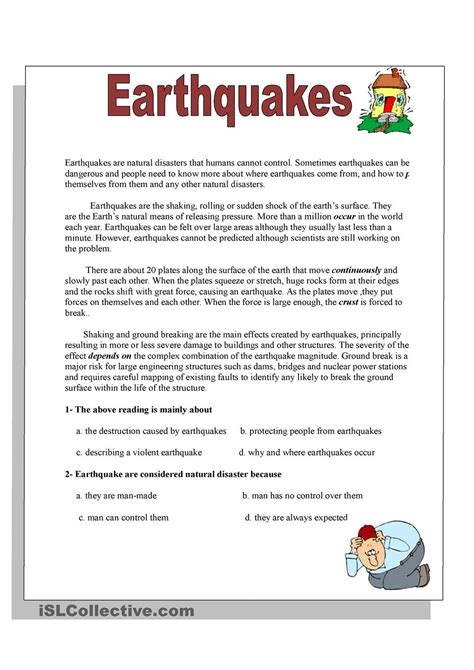 Earthquakes Reading Comprehension Worksheets Comprehension