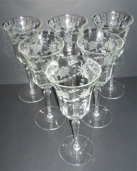 six etched crystal wine glasses vintage stemware