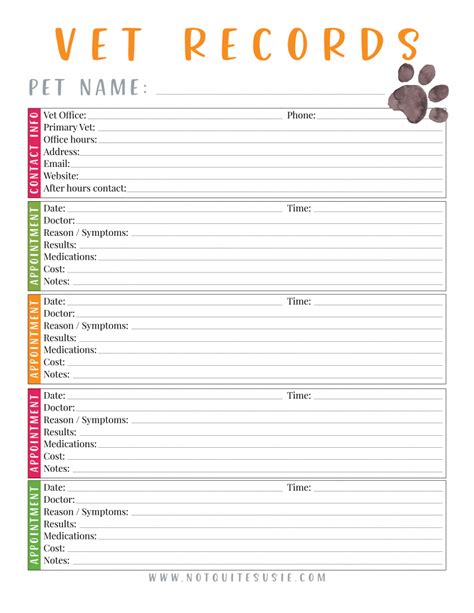 printable pet vet records chart pet care printables pet vet