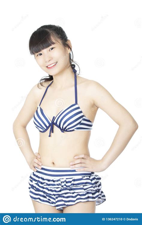Beautiful Chinese Woman Wearing A Bikini On White Background Stock