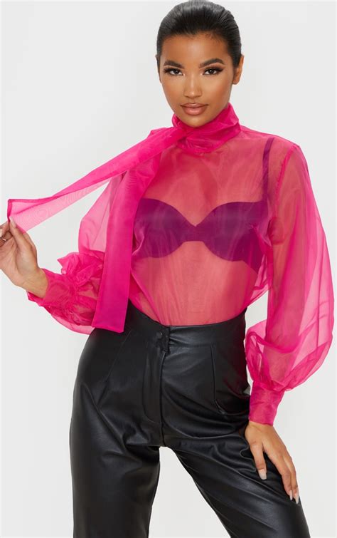 hot pink sheer organza pussy bow puff sleeve blouse prettylittlething